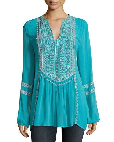 Tolani Plus Size Lauren Embroidered Boho Blouse In Turquoise