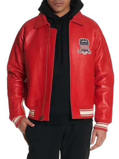 Avirex Men's Icon Logo Leather Bomber Jacket In Salvage Red