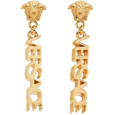 Versace Signature Logo Drop Earrings In Gold