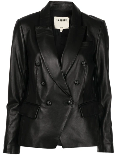 L'agence Kenzie Double-breasted Suede Blazer In Black/ Black