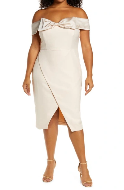 Lavish Alice Bow Detail Bardot Cocktail Dress In Beige | ModeSens