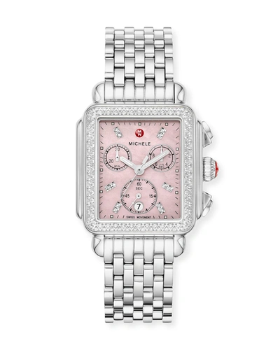 Michele Deco Stainless Steel Diamond Case Watch, Rose Mother-of-pearl In Pink/silver