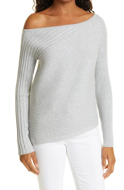 Milly Asymmetric Boat-neck Rib Sweater In Heather Grey