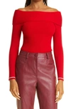 Milly Off The Shoulder Rib Mix Top In Real Red/pink