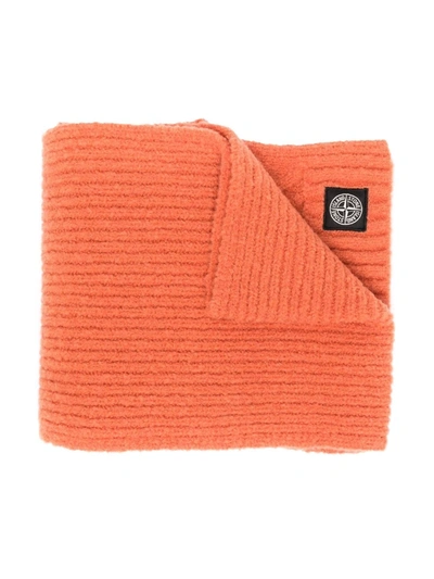 Stone Island Junior Kids' Ribbed-knit Wool-blend Scarf In Orange