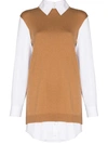 Staud Fern Detachable Collar Long Sleeve Mixed Media Dress In Tan/white