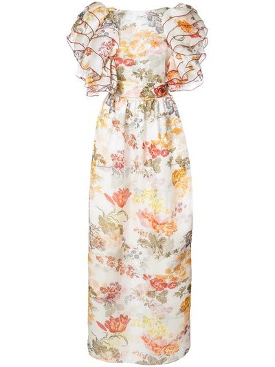 Rosie Assoulin Floral Print Puff Sleeve Dress In White