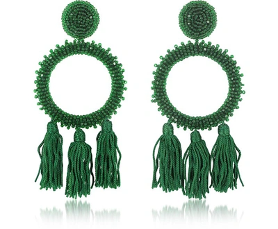 Oscar De La Renta Earrings Large Beaded Circle With Tassel Earrings In Malachite