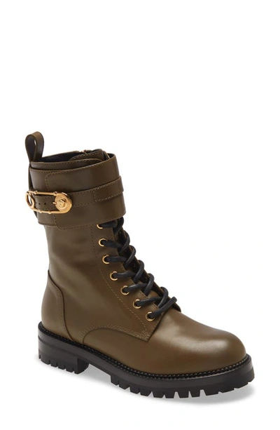 Versace Safety Pin Combat Boot In Khaki