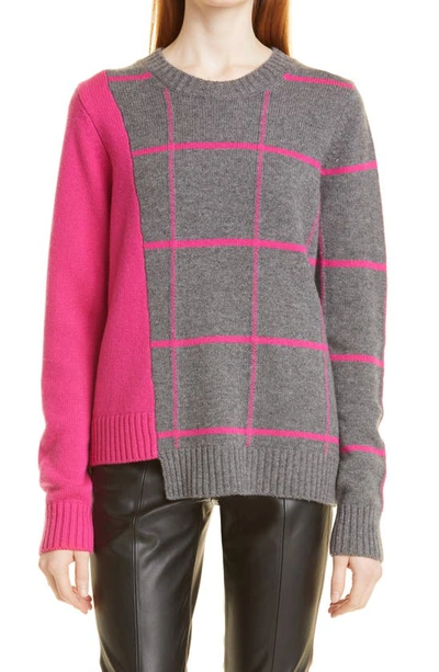 Milly Wool & Cashmere Windowpane Sweater In Heather Grey/shocking Pink