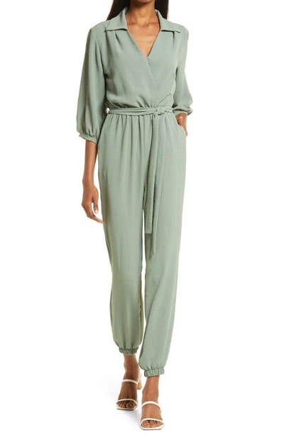 Fraiche By J Tie Waist Long Sleeve Jumpsuit In Olive