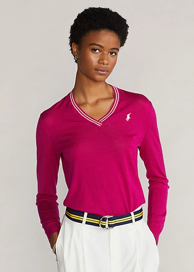 Ralph Lauren Merino Wool V-neck Sweater In Aruba Pink/pure White