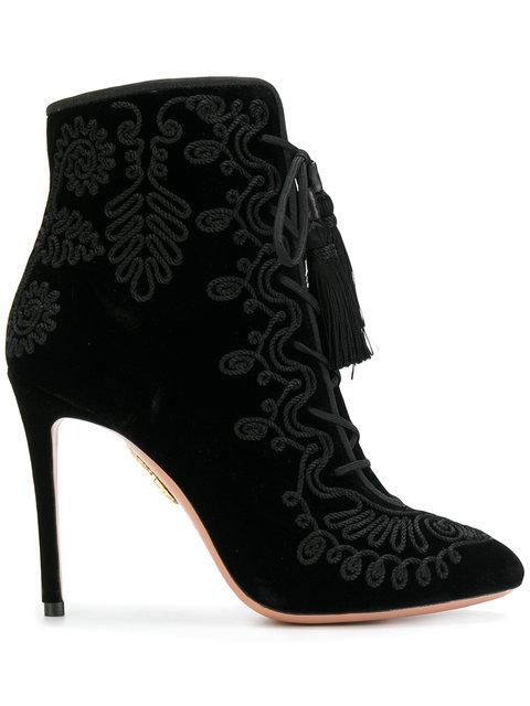 Aquazzura Embroidered Velvet Ankle Boots In Black | ModeSens