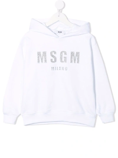 Msgm Kids White Hoodie With Silver Glitter Logo In Nero