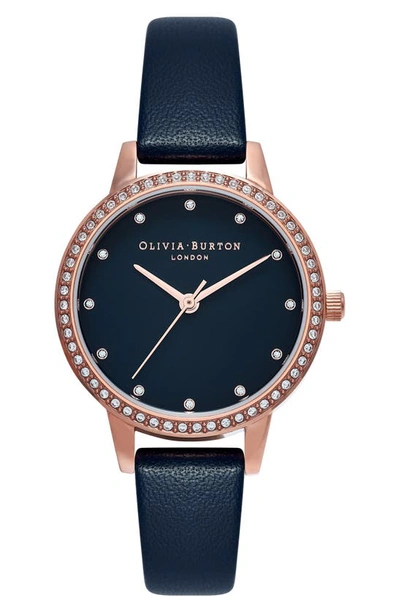 Olivia Burton Timeless Classic Leather Strap Watch, 30mm In Navy Mop
