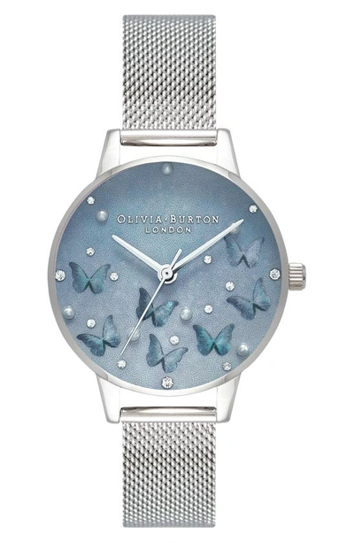 Olivia Burton Sparkle Butterfly Mesh Strap Watch, 30mm In Blue Mop