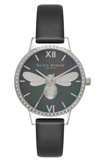 Olivia Burton Lucky Bee Leather Strap Watch, 30mm In Black