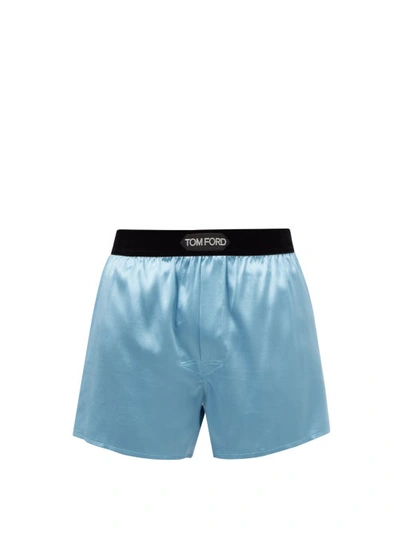 Tom Ford Logo-patch Silk-blend Boxer Shorts In Blue
