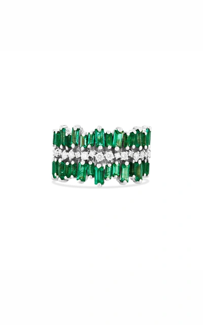 Suzanne Kalan 18k Yellow Gold Fireworks Emerald Baguette & Diamond Three Row Statement Ring In Silver