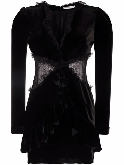 Alessandra Rich Lace-trimmed V-neck Velvet Mini Dress In Black