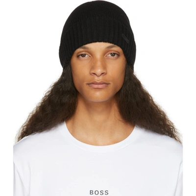 Hugo Boss Mens Dark Blue Logo Virgin Wool Beanie Hat 1 Size In Black