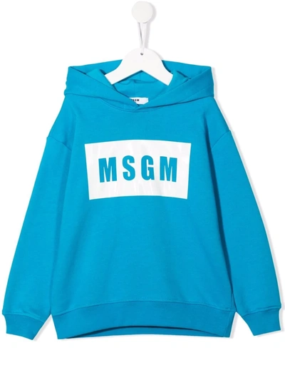 Msgm Kids' Logo Patch Cotton Hoodie In Blue