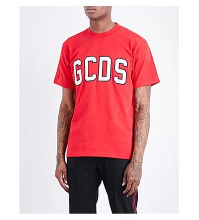 Gcds Flocked-logo Cotton-jersey T-shirt In Red