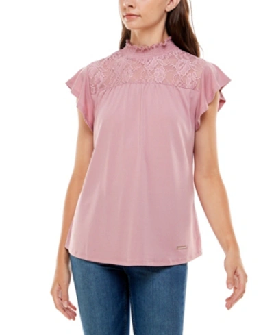 Adrienne Vittadini Women's Flutter Sleeve Mock Neck Top With Lace Yoke In Pale Mauve