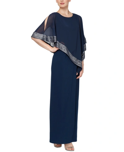 Sl Fashions Petite Long Chiffon And Jersey Popover Dress In Deep Navy