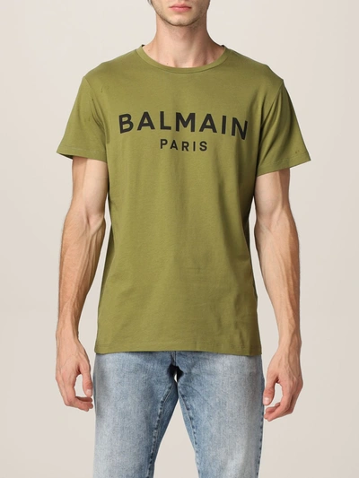 Balmain Cotton Tshirt With Logo In Ubx Kaki Foncé Noir