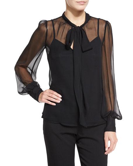 Nanette Lepore Long-sleeve Silk Chiffon Tie-neck Top, Black | ModeSens