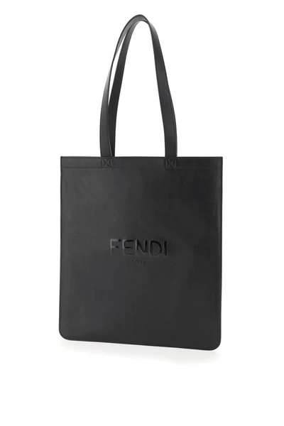 Fendi Leather Shopping Bag With Tone-on-tone Embossed Logo In Black