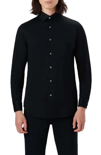 Bugatchi Tech Solid Knit Stretch Cotton Button-up Shirt In Black