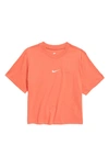 Nike Sportswear Kids' Essential Boxy Embroidered Swoosh T-shirt In Magic Ember/ White