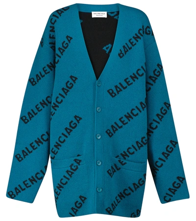 Balenciaga Logo Oversize Virgin Wool Blend Cardigan In Blue