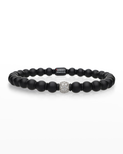 Roberto Demeglio White Gold And Matte Black Ceramic Sfera Stretch Bracelet With One Diamond Bead