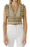 Endless Rose Plunging Neck Lace Trim Top In Olive