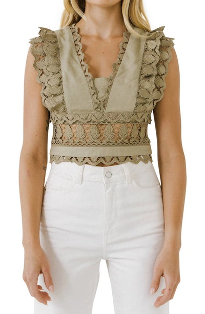 Endless Rose Plunging Neck Lace Trim Top In Olive