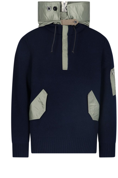 Sacai Two-tone Knitted Hoodie In Blue