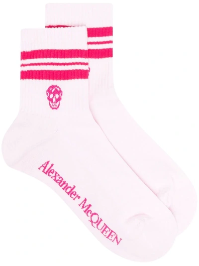 Alexander Mcqueen Socks With Sporty Stripes And Skull In Bianco