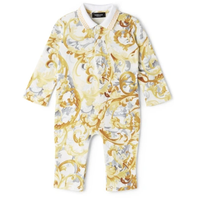 Versace Baby White & Yellow Polo Collar Bodysuit In 5w050 White+gold