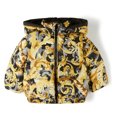 Versace Baby Black & Yellow Down Baroccoflage Jacket In 5b000 Black+gold