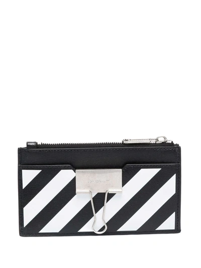 Off-white Binder Clip Diagonal Stripe Zip Card Case In Black