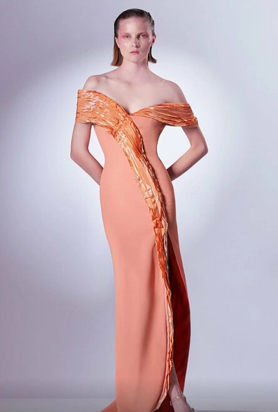 Gaby Charbachy Draped Off The Shoulder Slim Slit Gown In Orange