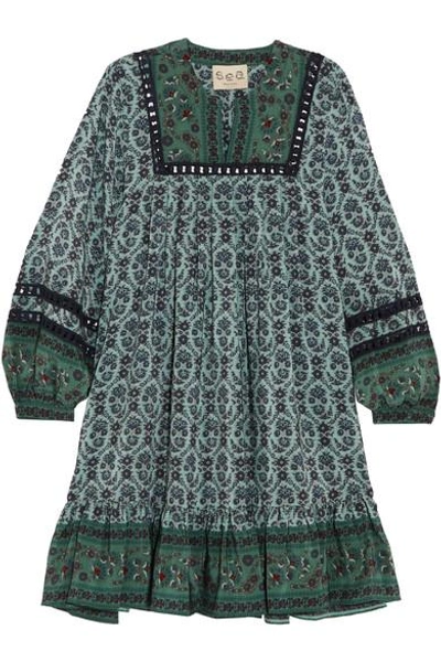 Sea Allura Printed Guipure Lace-trimmed Silk Crepe De Chine Mini Dress In Forest Green