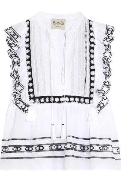 Sea Ruffled Crochet-trimmed Cotton-voile Blouse In White