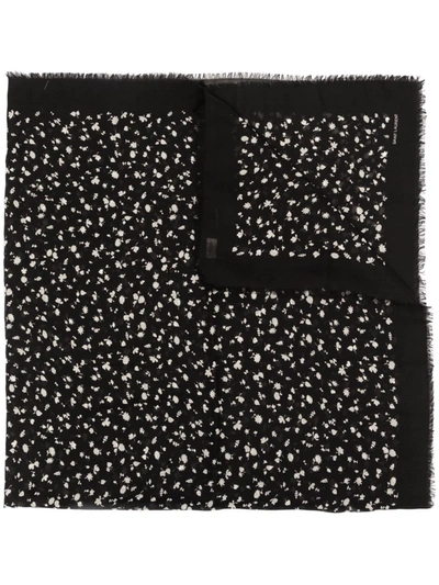 Saint Laurent Fall Leaf Print Wool Twill Square Scarf In Black White