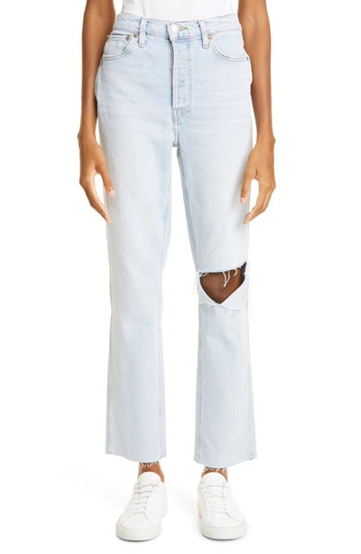 Re/done '80s High Waist Slim Straight Leg Jeans In Icy Blue With Hole