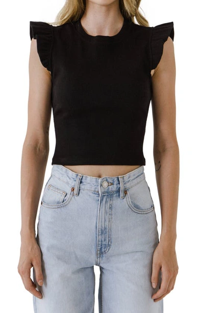 Free The Roses Ruffle Shoulder Cotton Blend Knit Top In Black