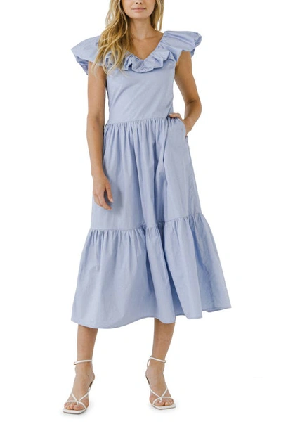 English Factory Ruffled Midi Dress In Powder Blue